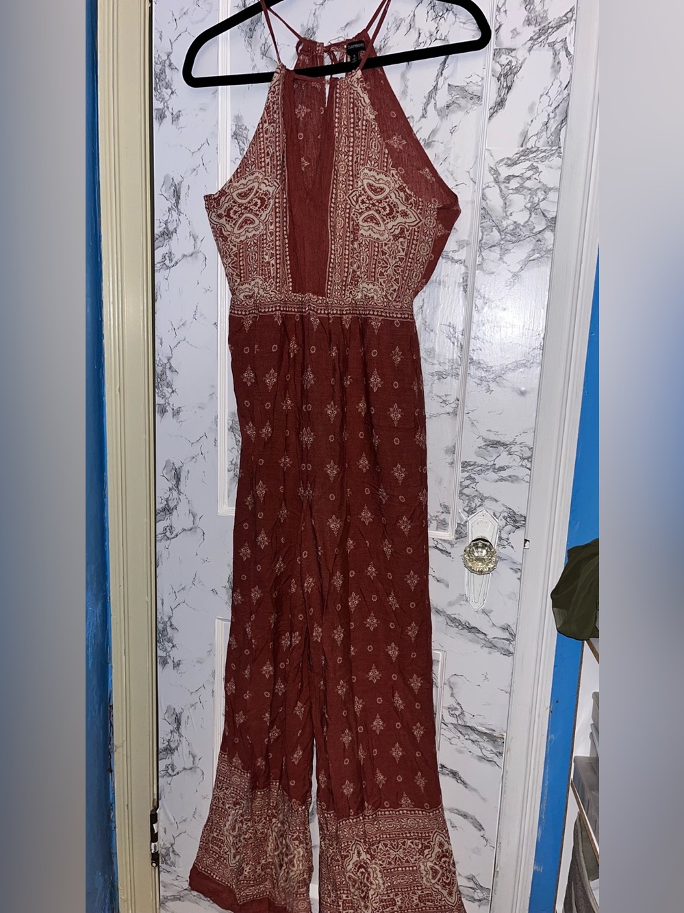 Halter Paisley Wide-Leg Jumpsuit in Rust